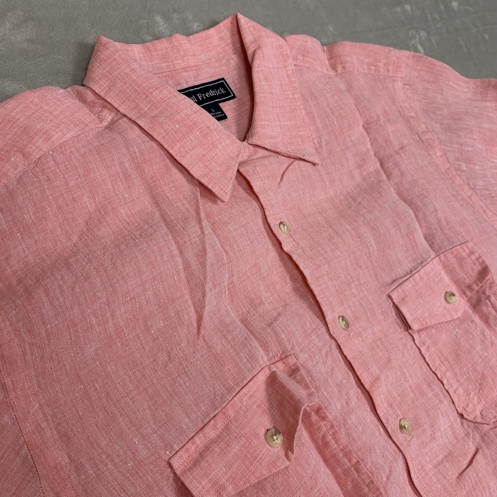 Paul Fredrick Shirt Mens Large Salmon 100 % Linen Lightweight Casual Beach